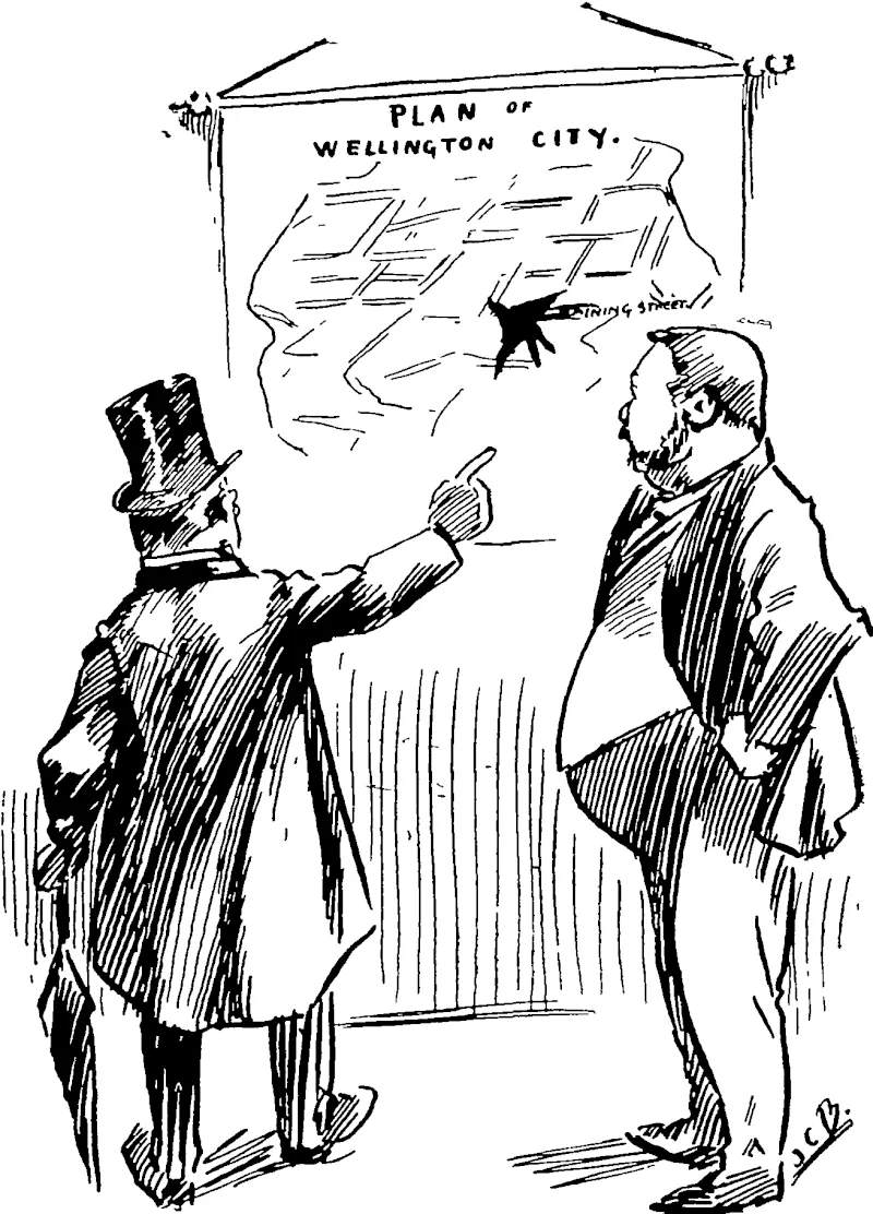 AN UGLY SPOT.  Citizen : That Haining Street blot will run unless you rub %t out soon. (New Zealand Free Lance, 05 September 1903)