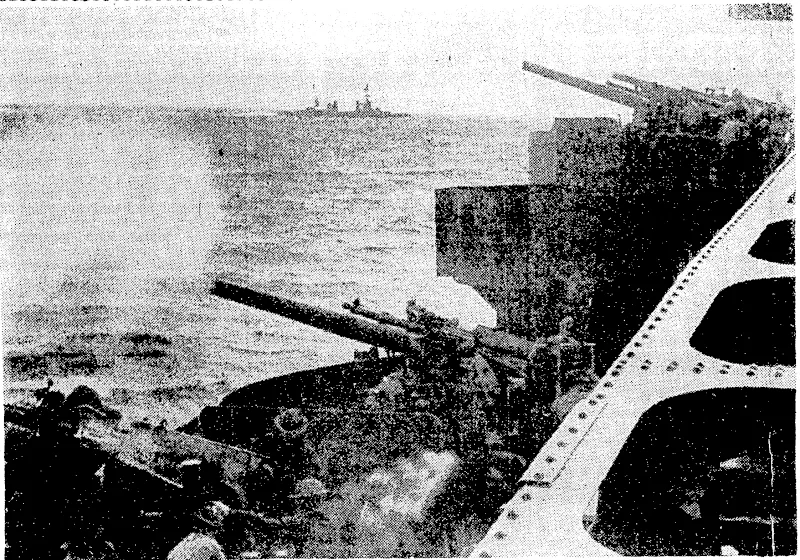 All American cruiser firing at military installations at, the Japanese base on Wotje Atoll during the raid on the Japanese-held Gilbert and Marshall Islands. The raiders blasted airfields, hangars, barracks, and stores, and sank no fewer than. 15 Japanese ships "..." (Evening Post, 21 April 1942)