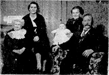Image: Five generations— the late Mrs. Eliza Greer, who died this week at the age of 94 years, and four of the 119 descendants she has left. From left, Mrs. Greer, Mrs. A. Porter (grandchild), Marlene Morris (great-great-grandchild), Mrs. Joyce Morris (great-grandchild), and Mr. Harry Greer (son). (Evening Post, 20 July 1940)