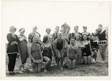 Image: Beach pageant, women wearing bathing suits from different eras