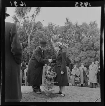 Image: Mayor of Wellington (Mr Macalister) with Gay Atkinson, at an Arbor Day ceremony in the Wellington Botanical Gardens