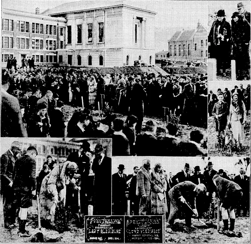 Evening Post" Photo. ARBOR DAY CELEBRATION.—Top left, the scene at Wellington College yesterday afternoon during the planting of pohutulcawas on the terrace in celebration of Arbor Day. Below, their Excellencies Lord and-Lady Bleftisloe planting trees, the plates which are to notify the fact to future scholars at the college being inset. Top right, Mrs. Knox Gilmer, president of the Wellington Horticultural Society, and Mrs. W. A. Armour, ivife of the headmaster, watching the proceedings. Middle right, the Mayoress, Mrs. T. C. 'A. Hislop, and the pohutukaiva she planted. (Evening Post, 02 August 1934)