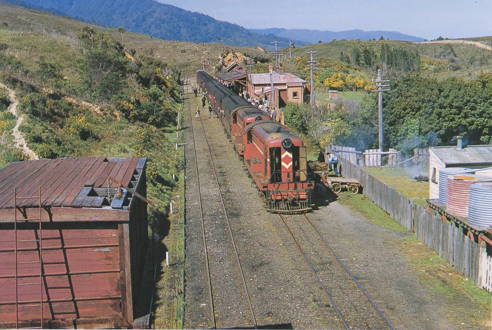 De-class diesel-electric locomotives with Carterton Show train at Kaitoke station - 1955.