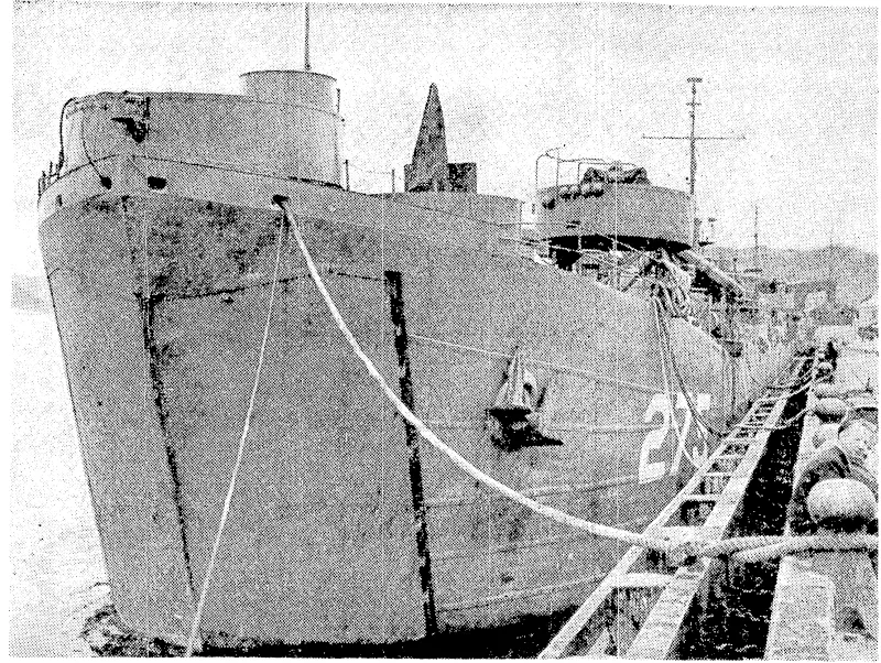 Two American LST.'s which are being berthed at Wellington to take Japanese prisoners of war back to Japan. The craft have large boiv doors ivhich siving open to allow tanks and other vehicles to pass out. (Evening Post, 20 December 1945)