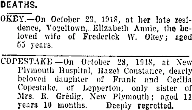 DEATHS. (Taranaki Daily News 29-10-1918)
