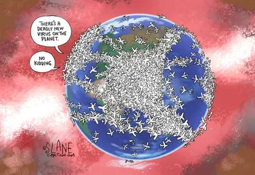 Image: Aeroplanes fly around the Earth as a voice says "There's a deadly new virus on the planet"