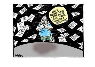 Image: A man struggles to stand in a "blizzard" of 'credit card statements' and 'Christmas bills' during the holiday period of heat, gales, rain and floods