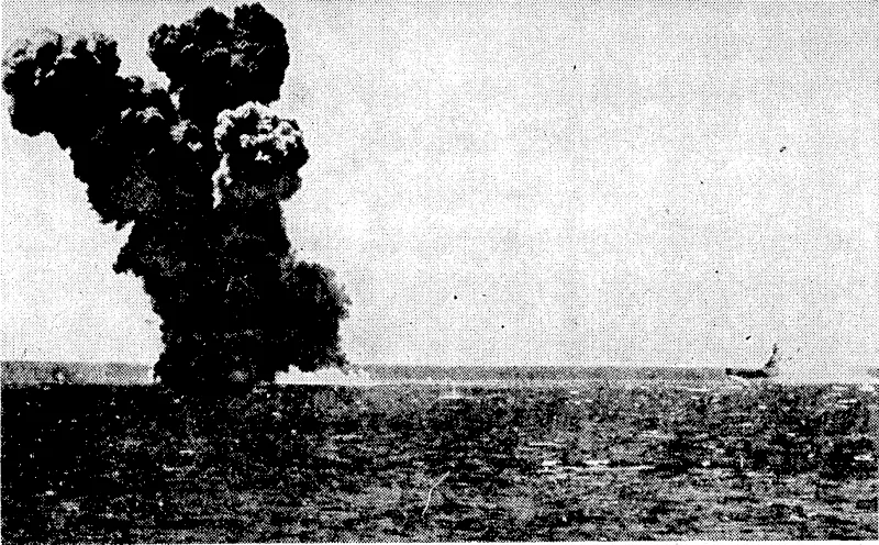 A Japanese vessel exploding from hits scored by a United States battleship as it fled from Truk during an American attack on that stronghold. More than 20 Japanese ships were sunk and more than 200 aircraft destroyed during the attack. (Evening Post, 05 May 1944)
