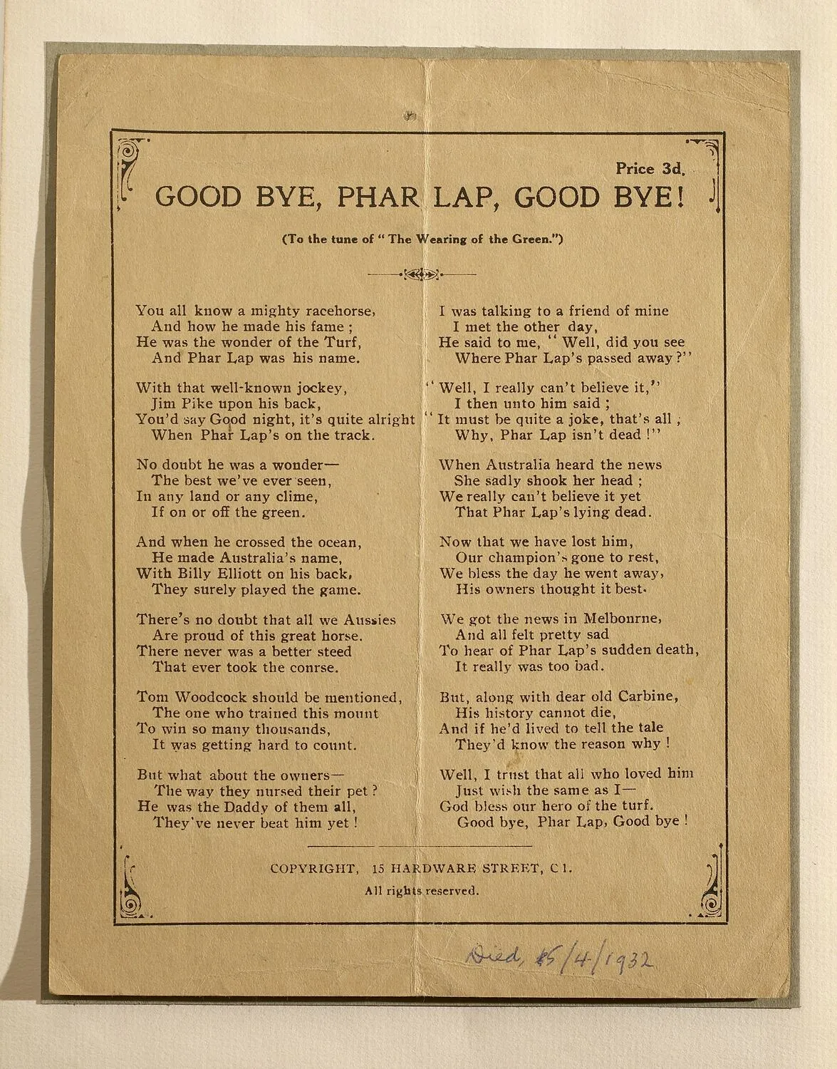 Street Ballad - 'Good Bye, Phar Lap, Good Bye!', Melbourne, Victoria, 1932