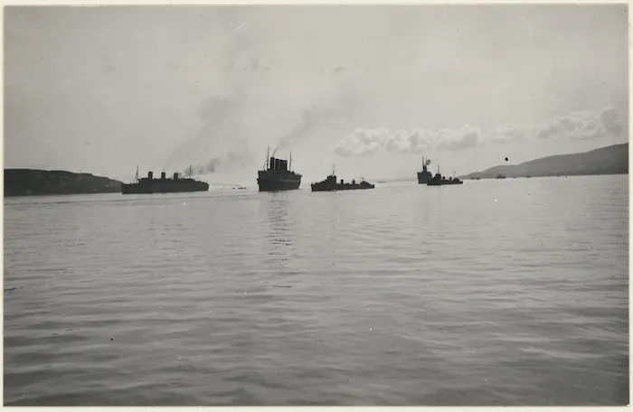 Arrival of a convoy of ships carrying the 2nd Echelon, on the River Clyde, Scotand, during World War II