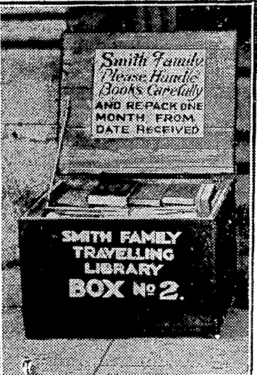 Image: Evening Post" Photo. A TRAVELLING. LIBRARY.— Books* magazines, and periodicals, in a convenient box, a unit of the Smith Family travelling library for circulation among the unemployment camps. (Evening Post, 25 August 1934)