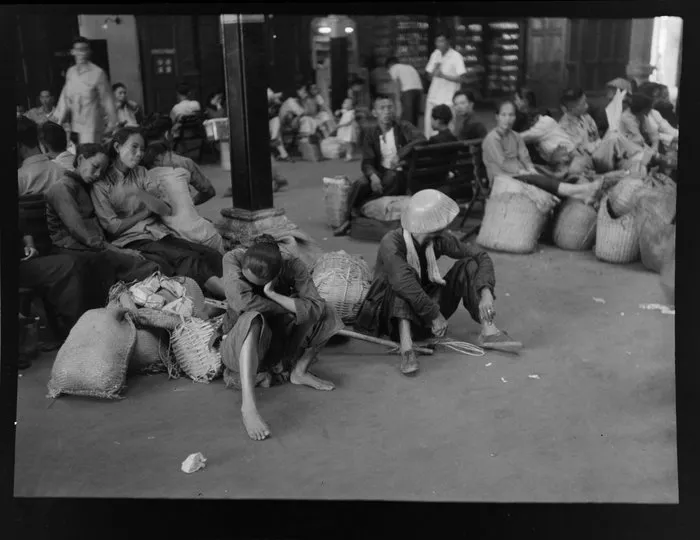 Unidentified refugees from Canton at railway station, Kowloon, Hong Kong