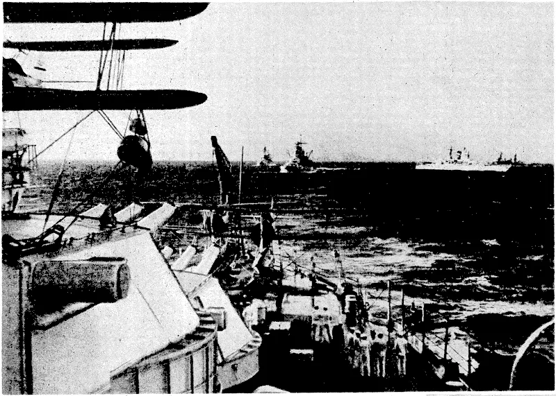 Ships of the7 American navy approaching the Hawaiian Islands. Centre right, the U.S.S. Oklahoma, which was reported to have been set on fire in Pedrl Harbour by Japanese aircraft. (Evening Post, 09 December 1941)