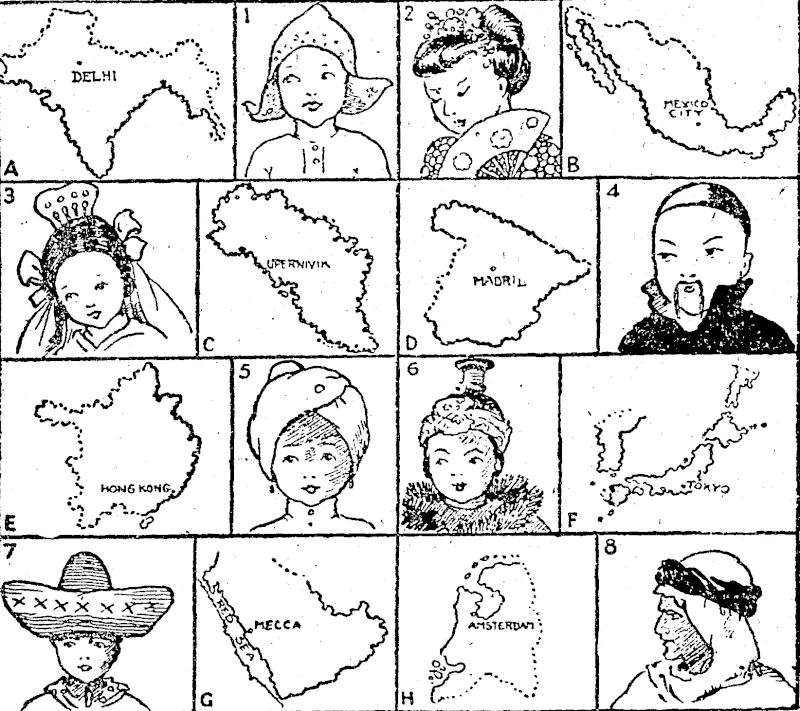 Do you know the countries represented by these little maps? Apart from the familiar outlines the name of a place shown in each should provide a clue. Having found the names of the countries, you are asked to say which of the figures belongs to each. All the countries shown are included in the following list: Arabia, Brazil, China, Eire, France, Greece, Greenland, Guatemala, Holland, India, Japan, Mexico, Norway," Palestine, Spain. (Evening Post, 15 June 1940)