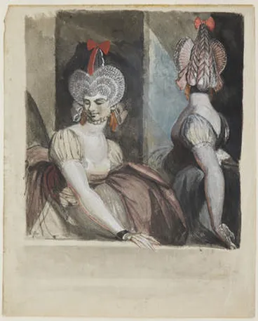 Image: Two Courtesans with fantastic hairstyles and hats