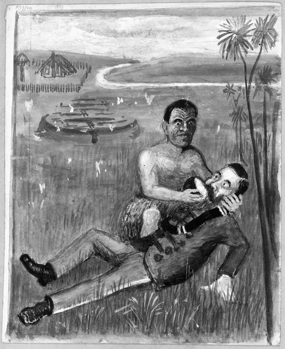 [Artist unknown] :[Wiremu Henare Taratoa offers water to Lieutenant-Colonel Booth, 1864. 1860s?].