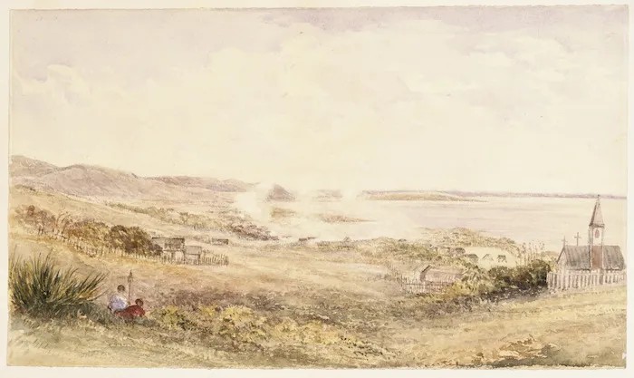 [Johnston, John Tremenhere fl 1860s :Lake Roto Rua - [and] native village of Ohine-musu with hot springs [1865]