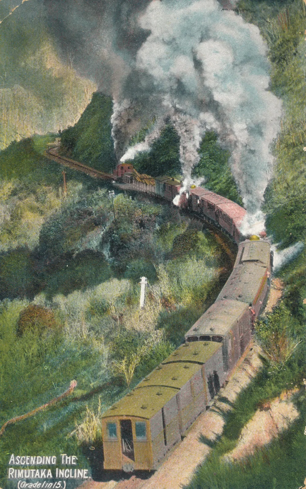 Rimutaka Incline; train with three locomotives ascending to Summit.