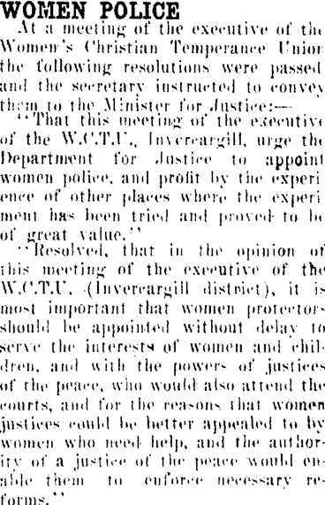 Image: WOMEN POLICE. (Clutha Leader 23-1-1917)
