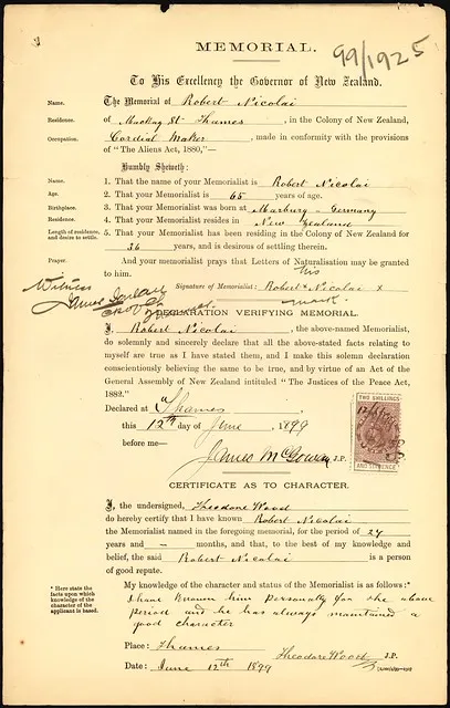 Robert Nicolai, naturalisation application (1899)