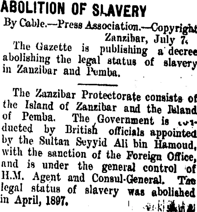 ABOLITION OF SLAVERY (Taranaki Daily News 9-7-1909)