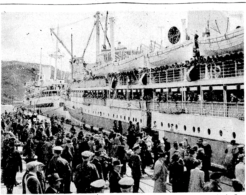 The hospital ship Maunganui, which arrived today with ex-prisoners from Japanese camps in the Far East. In the background is the Duttch hospital ship Tjitjalengka, ivhich arrived from Auckland yesterday.AF (Evening Post, 08 October 1945)