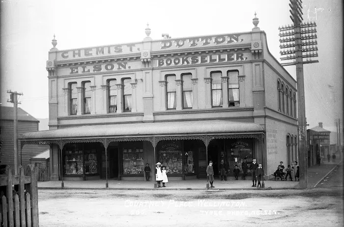 Business premises of Elson chemist and Dutton bookshop, Courtenay Place, Wellington