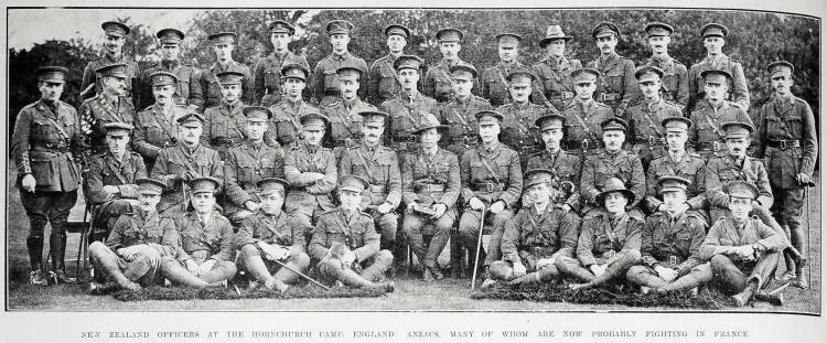 New Zealand officers at the Hornchurch camp, England: Anzacs, many of whom are now probably fighting in France