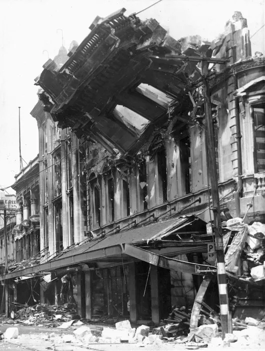 Weigel, William George, 1890-1980: Wall of Ballantyne's department store being demolished after the 1947 fire