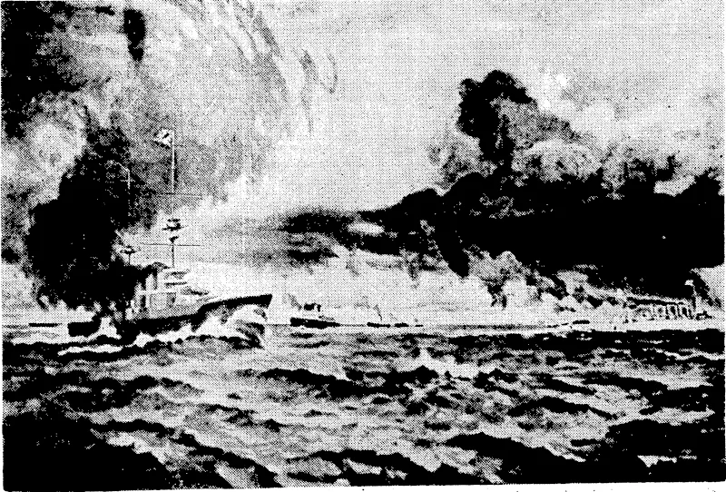 Oil painting by the famous Japanese artist, Mr. Rikuo Aral, which is to be presented to the Melbourne Art Museum by the Osaka Shosen Kaisha (Osaka Mercantile Steamship> Company), and which will be exhibited in Wellington for a period before going to Melbourne. It shows Australian and New Zealand transports being convoyed by the Japanese cruiser Ibuki (on left) and an Australian cruiser in 1914. Between them in the distance are the' Hew. Zealand transports ArawaMthenic, and Qrari. The original picture measures 12ft by'BfL (Evening Post, 08 September 1939)