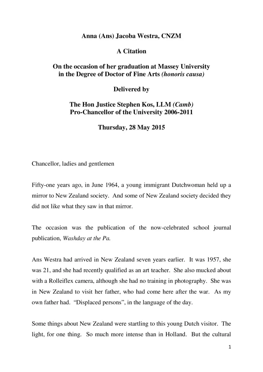 Honorary doctorate citation, Anna Jacoba Westra, 2015