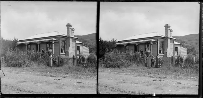 Colonial house with unidentified women on the verandah and young boys at the gate, Lower Hutt, Wellington Region