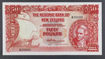 Reserve Bank of New Zealand 1940 Fifty Pounds Second Issue Image: Reserve Bank of New Zealand 1940 Fifty Pounds Second Issue