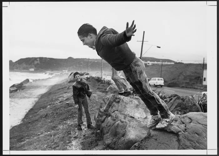 Raymond Patterson leans into the wind on Cobham Drive, Wellington - Photograph taken by John Nicholson