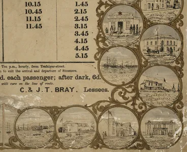 Image: [Artist unknown] :Timetable of the Dun Mountain bus running between Nelson and the port. [Horse-drawn bus. Nelson, C. & J.T. Bray, 1867?]
