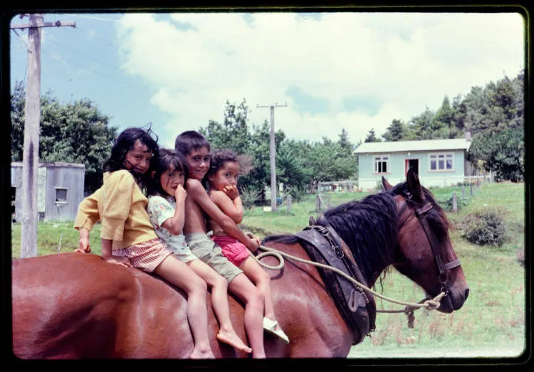 Four children on horseback at Pungaru