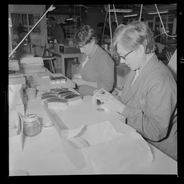 Image: Two women cleaning leather brushes at the Tatra Leather factory, Wainuiomata