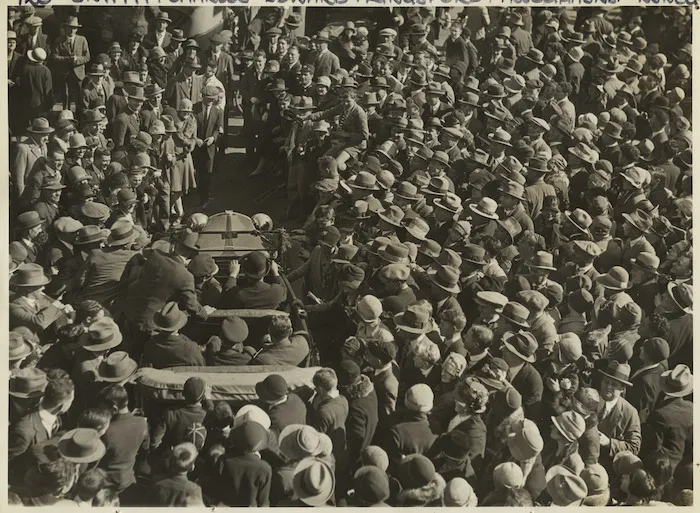 Robson and Boyer (Firm): Photograph of Kingsford Smith and Ulm leaving their hotel in Christchurch after their successful flight over the Tasman Sea from Australia to New Zealand