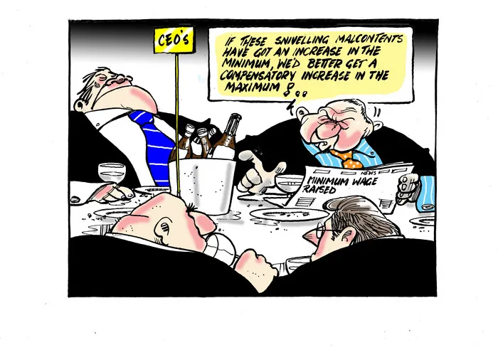 Red faced large CEO male executives at a banquet table complain about news of an increase in the minimum wage, saying "..we'd better get a compensatory increase in the maximum!"