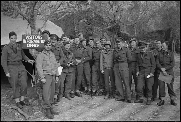 Intelligence officers photographed afer a conference of the NZ Corps on the Cassino Front, Italy, World War II - Photograph taken by George Kaye