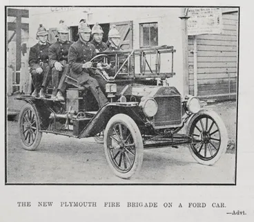Image: The New Plymouth fire brigade on a Ford car