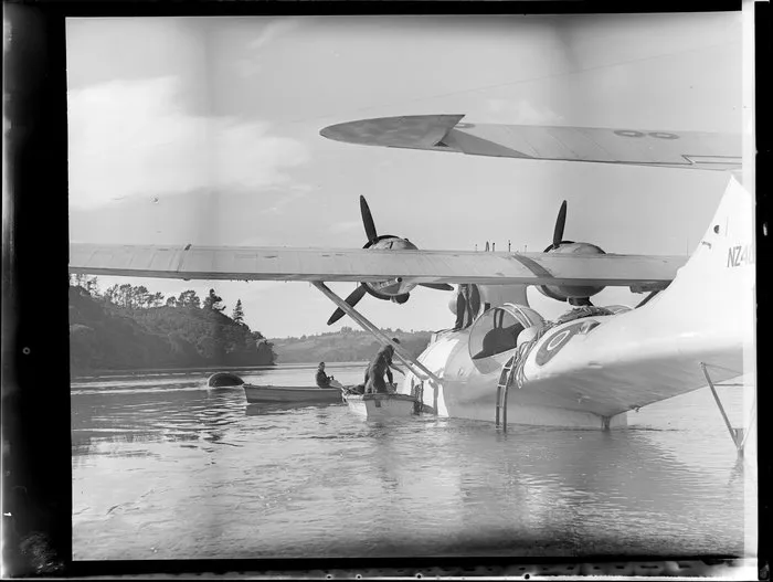 Launching the beaching gear from the Catalina, Hobsonville, Auckland