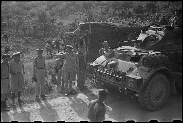 Prime Minister Peter Fraser and party at 5 NZ Infantry Brigade HQ near Sora, Italy, World War II - Photograph taken by George Bull