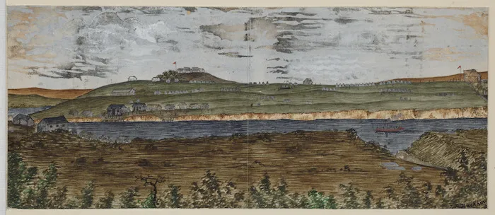 Backhouse, John Philemon, 1845-1908 :[Military camp above a river with a paddle-steamer. ca 1880]