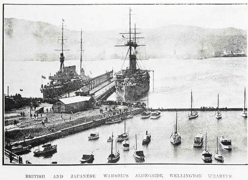 British and Japanese warships alongside Wellington wharves