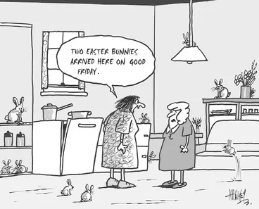 Image: Hawkey, Allan Charles, 1941-:Two Easter Bunnies arrived here on Good Friday. Waikato Times, 28 March, 2005.