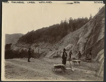 Image: Creator unknown :Photograph of men working on the Midland Railway Company line between Canterbury and Nelson