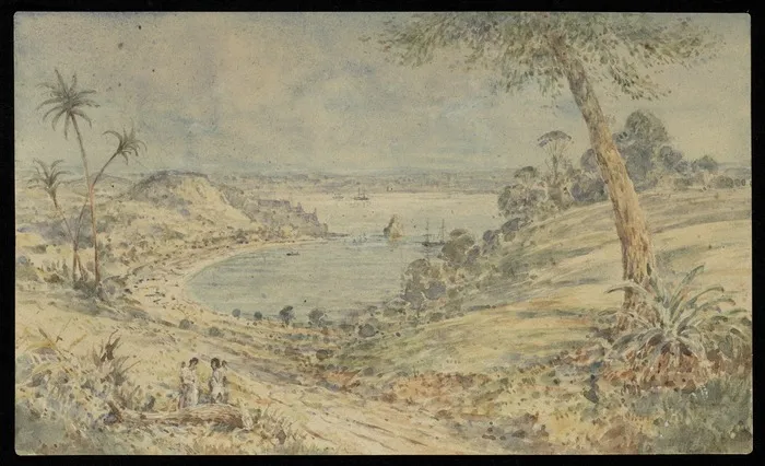Artist unknown: New Zealand. [Kororareka Beach, Russell, 1827 or 1828, after a lithograph by Augustus Earle]