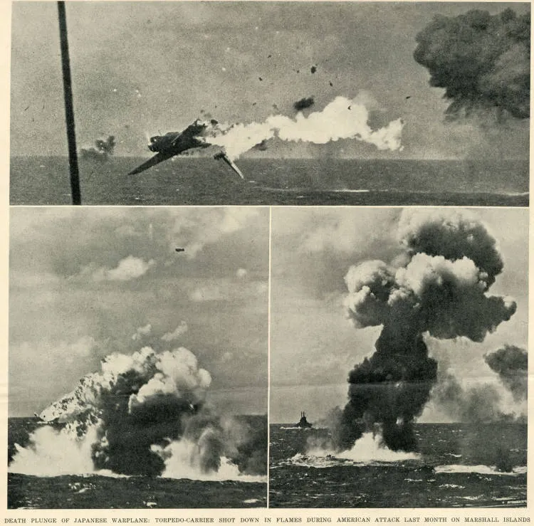 Death plunge of Japanese warplane: torpedo-carrier shot down in flames during American attack last month on Marshall Islands