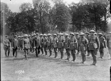 Image: Prime Minister William Fergusson Massey and Joseph George Ward inspecting the Maori Pioneer Battalion, Bois-de-Warnimont, France